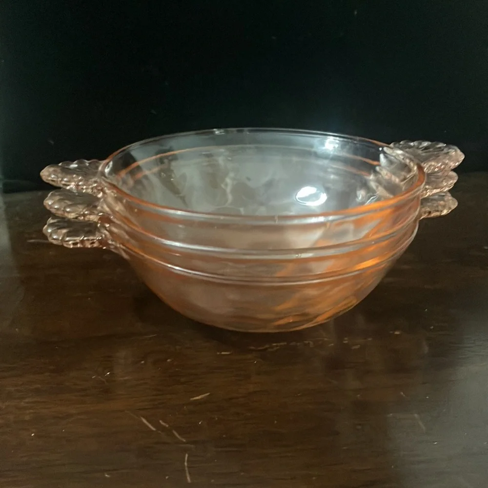 Set of 3 Vintage Thumbprint Pink Depression Glass Berry / Dessert Bowls